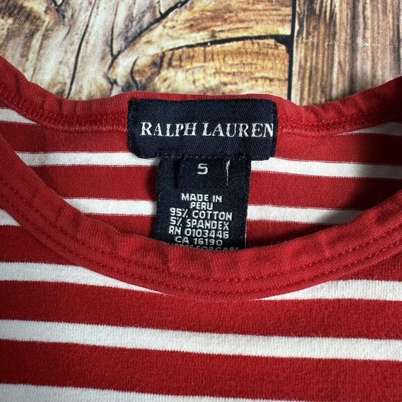 Ralph Lauren Girls Sz 5 Red White Stripe Long Sleeve Shirt Top Pocket Blue Pony - Picture 4 of 5